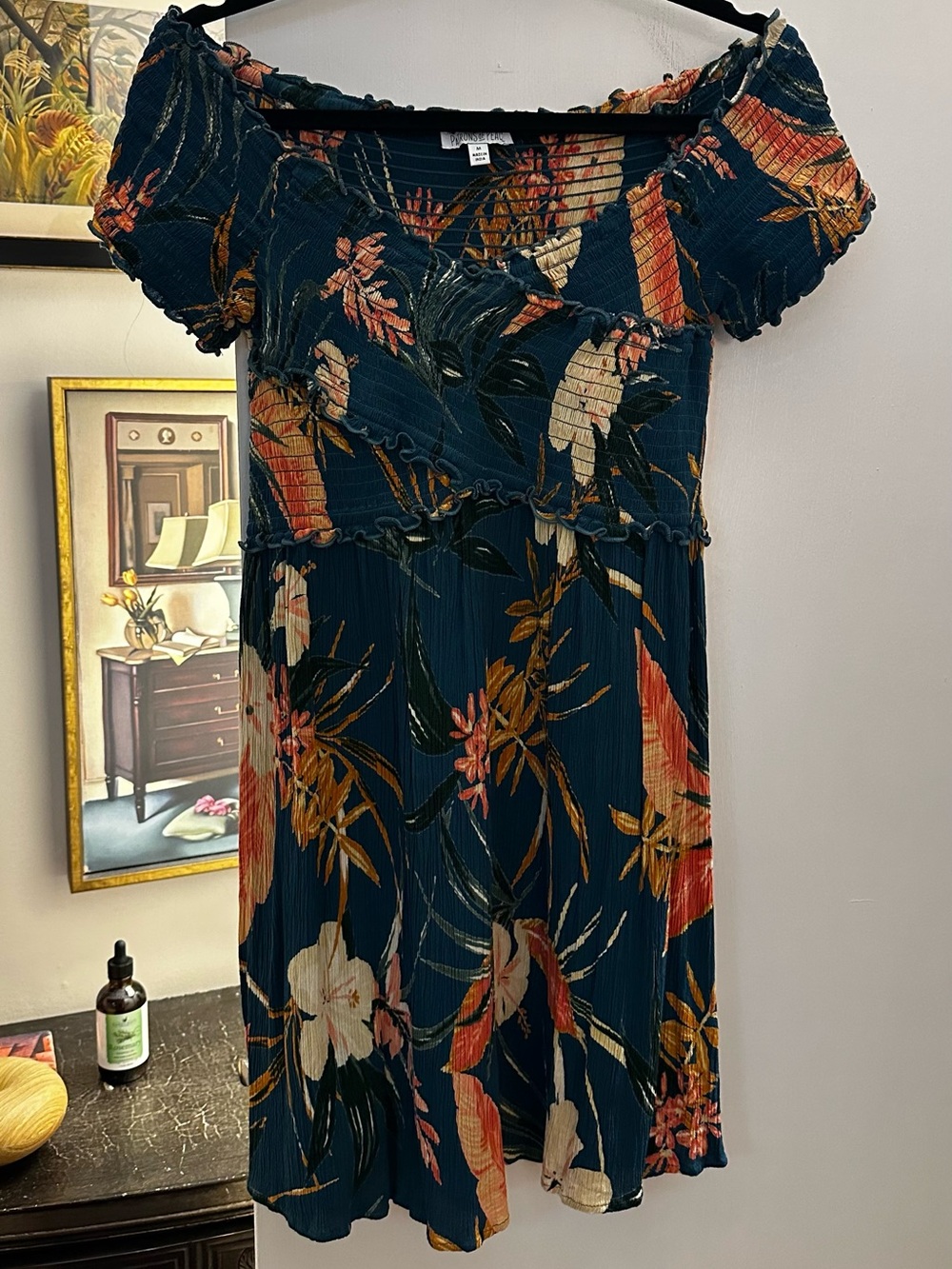Off-Shoulder Turquoise and Other Tropical Colors Floral Mini Dress